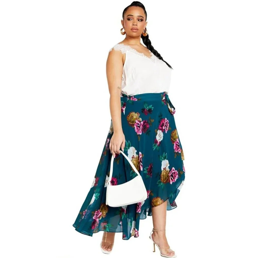 City Chic Michaela Skirt Women 18 Teal Bright Desire Floral Cottagecore Midi NWT - Picture 1 of 6